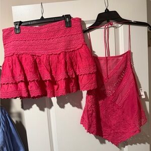 Free People Hot Pink Ruffled Mini Skirt Set 🔥 Size XL
